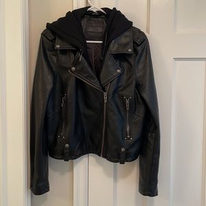 BlankNYC faux leather moto jacket, removable hood size Large, Black. Gently worn